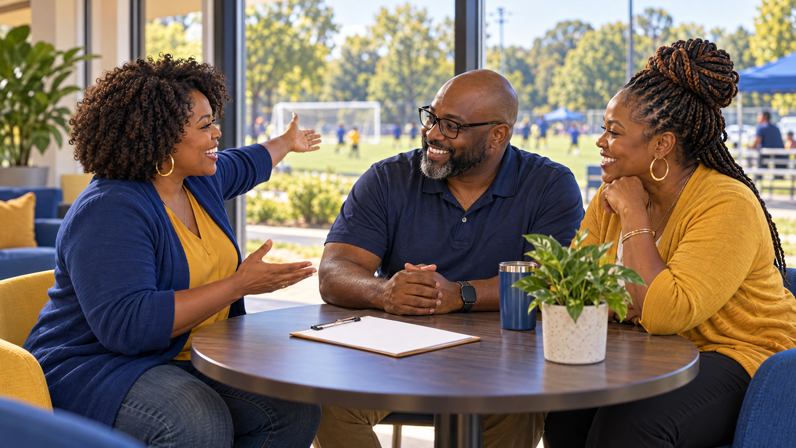 AI-generated image showing three Black local business and community partners discussing support for RESO activities
