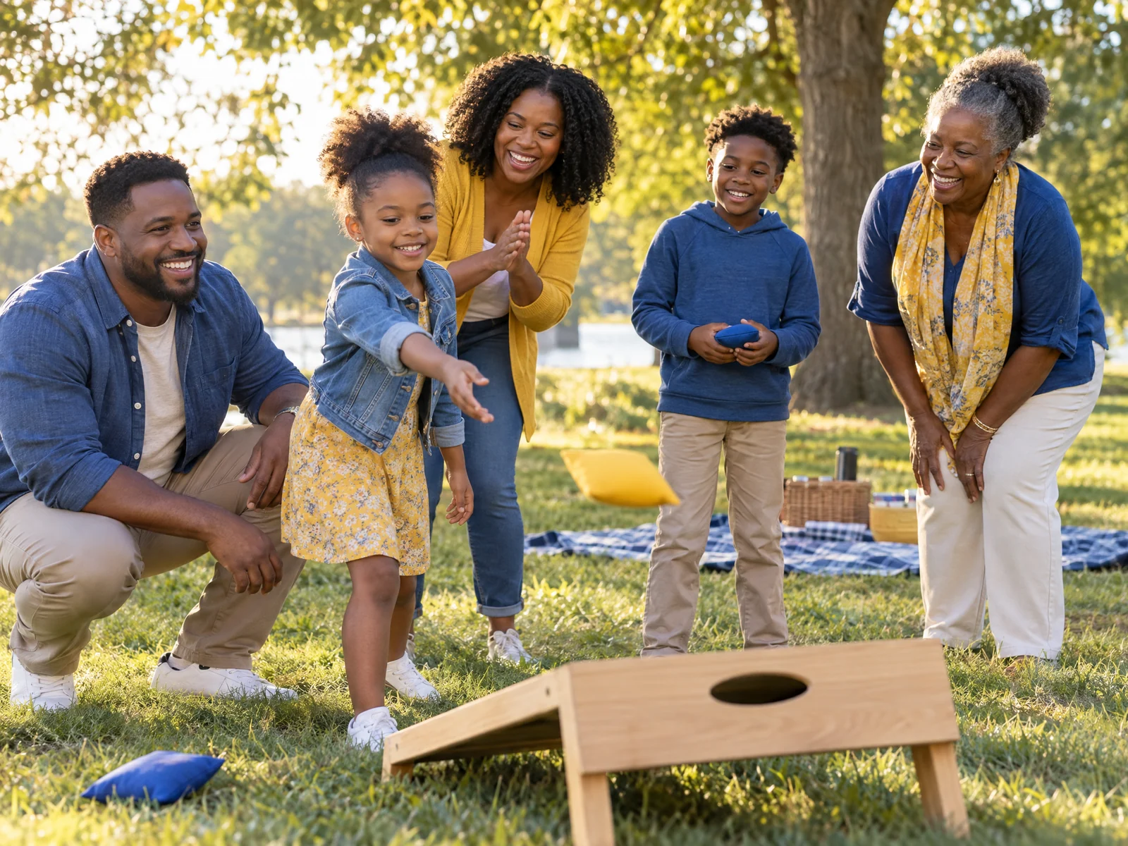 AI illustration of a Black multigenerational family enjoying an outdoor picnic game.